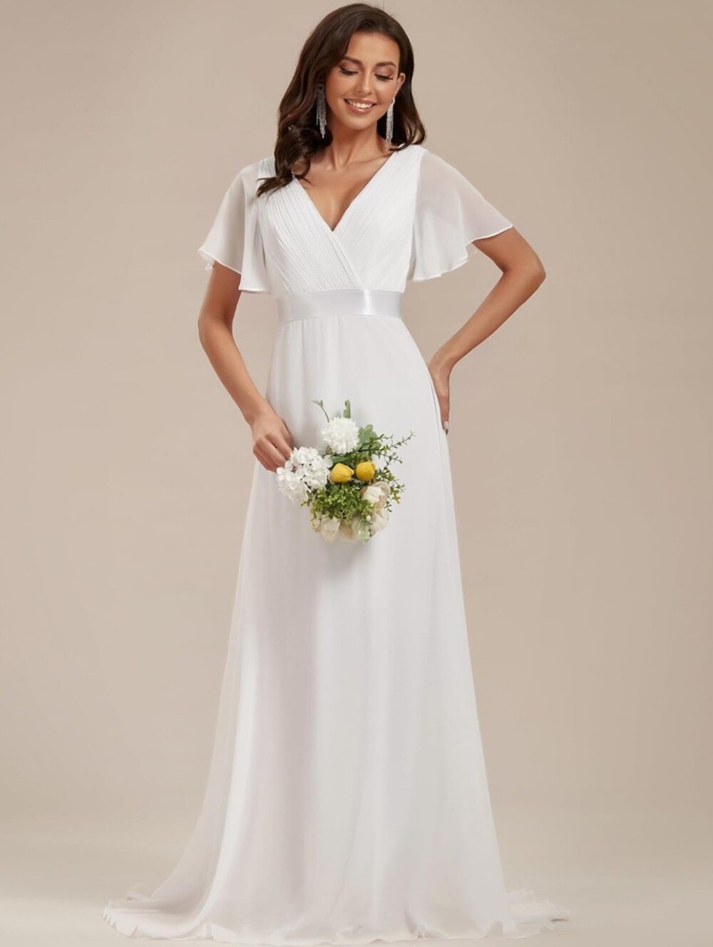 EverPretty Elegant White V-Neck Chiffon Maxi Dress